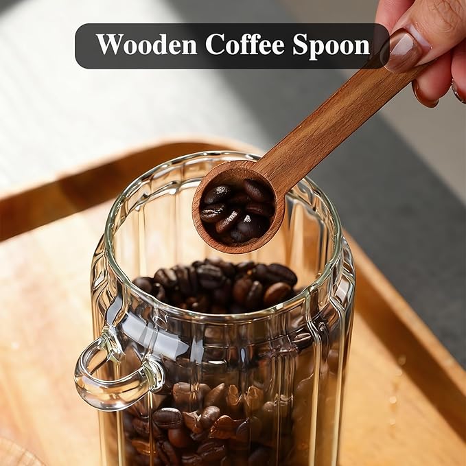 Coffee Canister, Coffee Container with Wooden Spoon and Lid, Ribbed Design, Airtight Storage Jar for Coffee Beans/Coffee Grounds/Sugar/Salt/Loose Leaf Tea, 20 Oz
