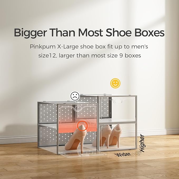 Pinkpum 15 Pack X-Large Shoe Storage Boxes Fit Size 11, Shoe Organizer for Closet Clear Plastic Stackable Shoe Dispaly Case Bins Holder, Sneaker Storage for Sneakerheads Gray