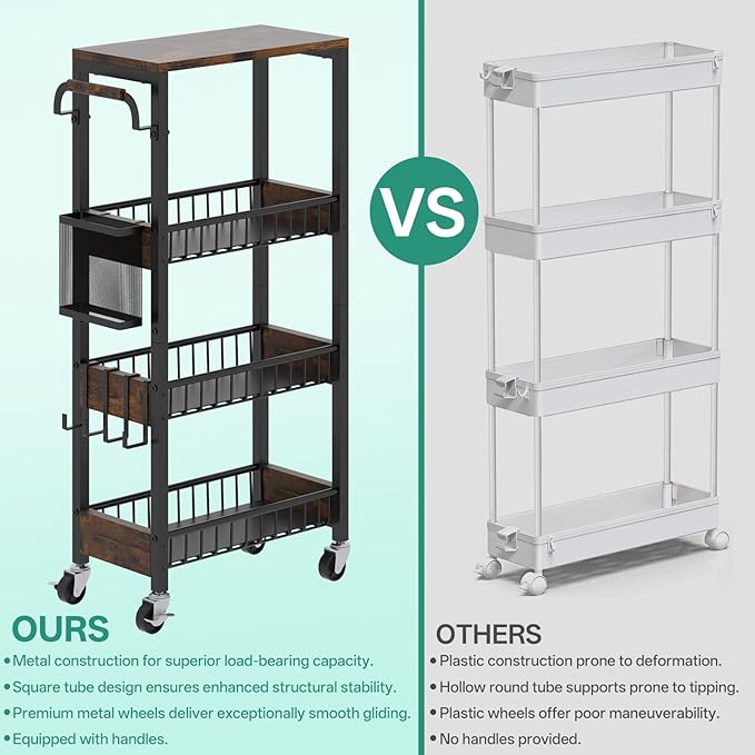 Slim Bathroom Storage Cart, 4 Tier Small Rolling Organizer Cabinet with Wood Top Handle, Mobile Shelving Unit Slide Out for Office, Kitchen, Laundry Room & Narrow Places (9.1" Overall Width)