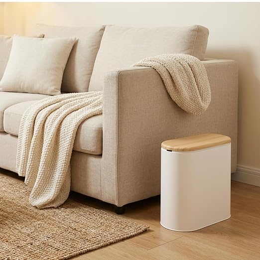 Small Bathroom Trash Can with Lid, 10L/2.6 Gal Slim Wastebasket - Odor & Pet Proof, Inner Bucket & Wood Grain Top, Plastic White Garbage Can for Kitchen, Bedroom, Living Room, Office, RV