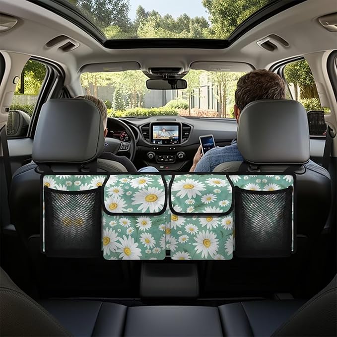 Daisy Printed Trunk Hanging Organizer Backseat Bag Foldable Cargo Storage with 4 Pockets 3 Adjustable Straps Provides More Space for Groceries Car Accessories