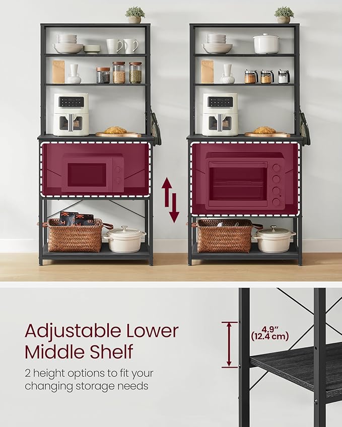 VASAGLE Coffee Bar, 31.5 Inches Baker's Rack for Kitchen with Storage, 6-Tier Kitchen Shelves with 6 Hooks, Microwave Stand, Industrial, Charcoal Gray and Ink Black UKKS019B22