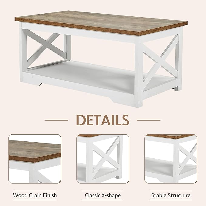 3-Piece Farmhouse Living Room Table Sets, Includes 1 x Coffee Table, 2 x End Tables with Charging Station & USB Ports, Rustic Coffee Table Set of 3, Distressed White