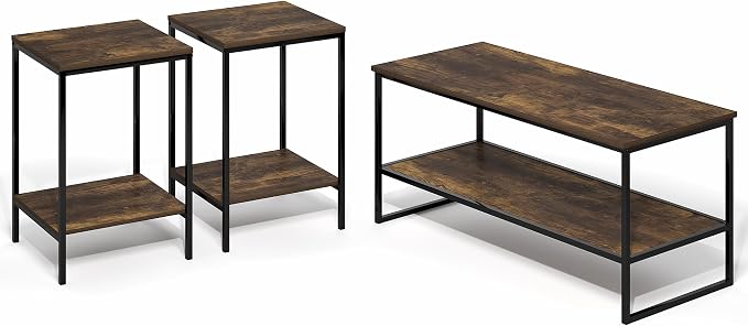 Furinno Simplistic Coffee Table and End Table Set of 3, Modern Metal Frame 2-Tier Coffee Table & 2 Square Side Tables, Night Stands Set, for Living Room, Bedroom, Home Office, Amber Pine
