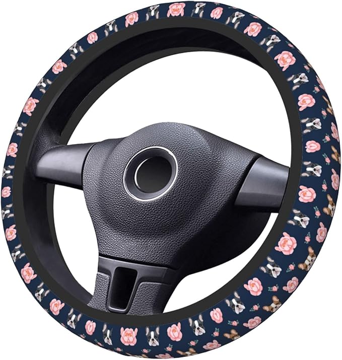 Neoprene Steering Wheel Cover French Bulldog Flowers Car Steering Wheel Cover Universal Fit for Most Cars