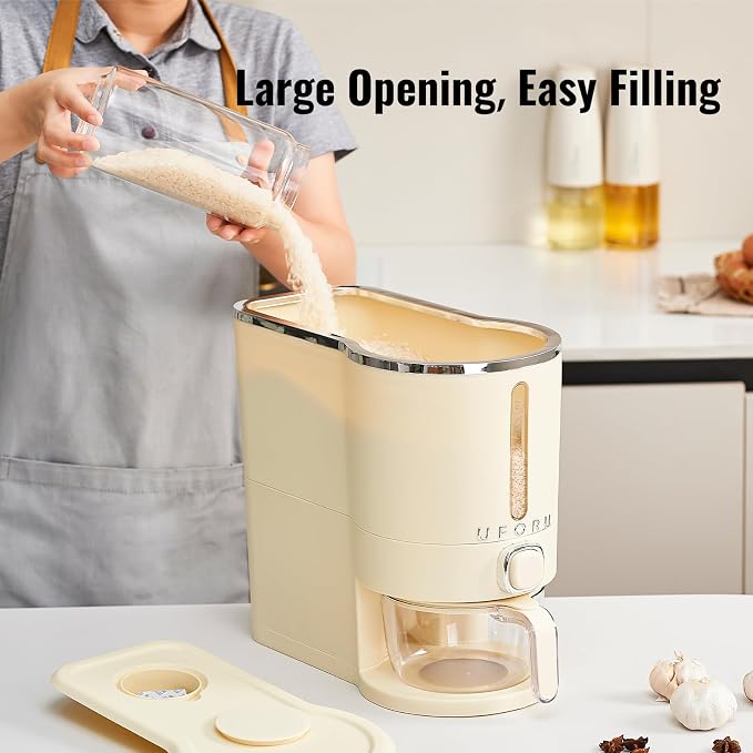 UFORU Rice Dispenser, Rice Storage Container with Measuring Cup for Kitchen Pantry Household, Dry Food Storage Containers Airtight, Sealed Moisture Proof, Cream White 11 Lbs