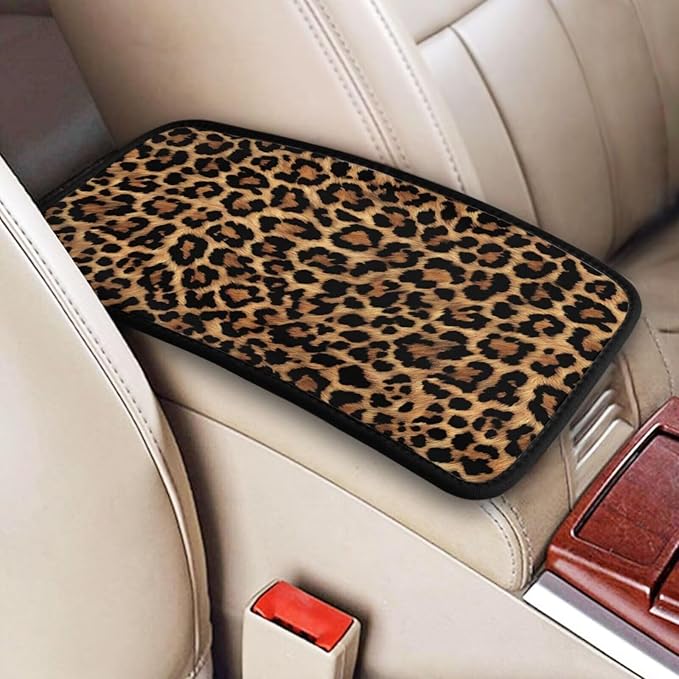 Car Armrest Cushion Brown Leopard Print Center Console Cover Car Accessories Interior Organizers Classical Middle Console Lid Covers Pad Fit for Most Cars Sedans Vans Truck