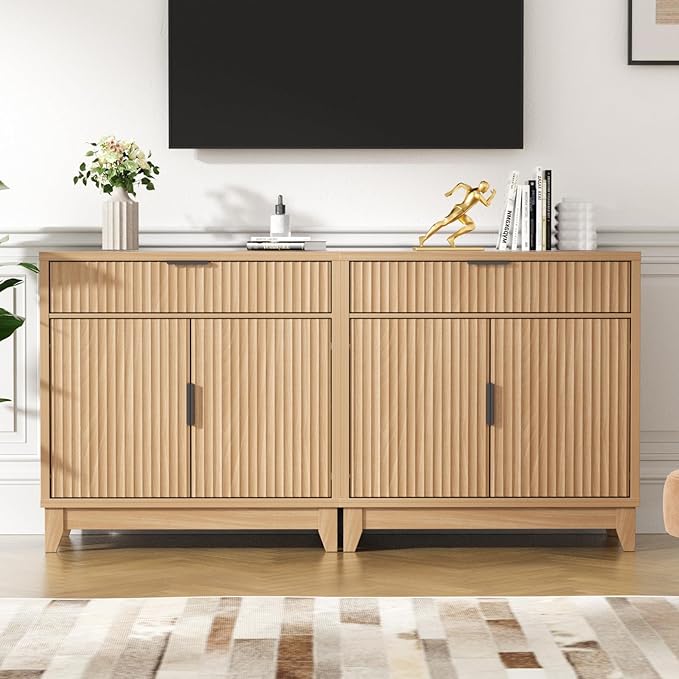 Vabches Fluted Sideboard Buffet Cabinet with Storage, 32" Wide Coffee Bar Console Table with Drawer, Fluted Doors & Adjustable Shelf, Wood Buffet Table for Living Room, Kitchen Dining Room, Oak
