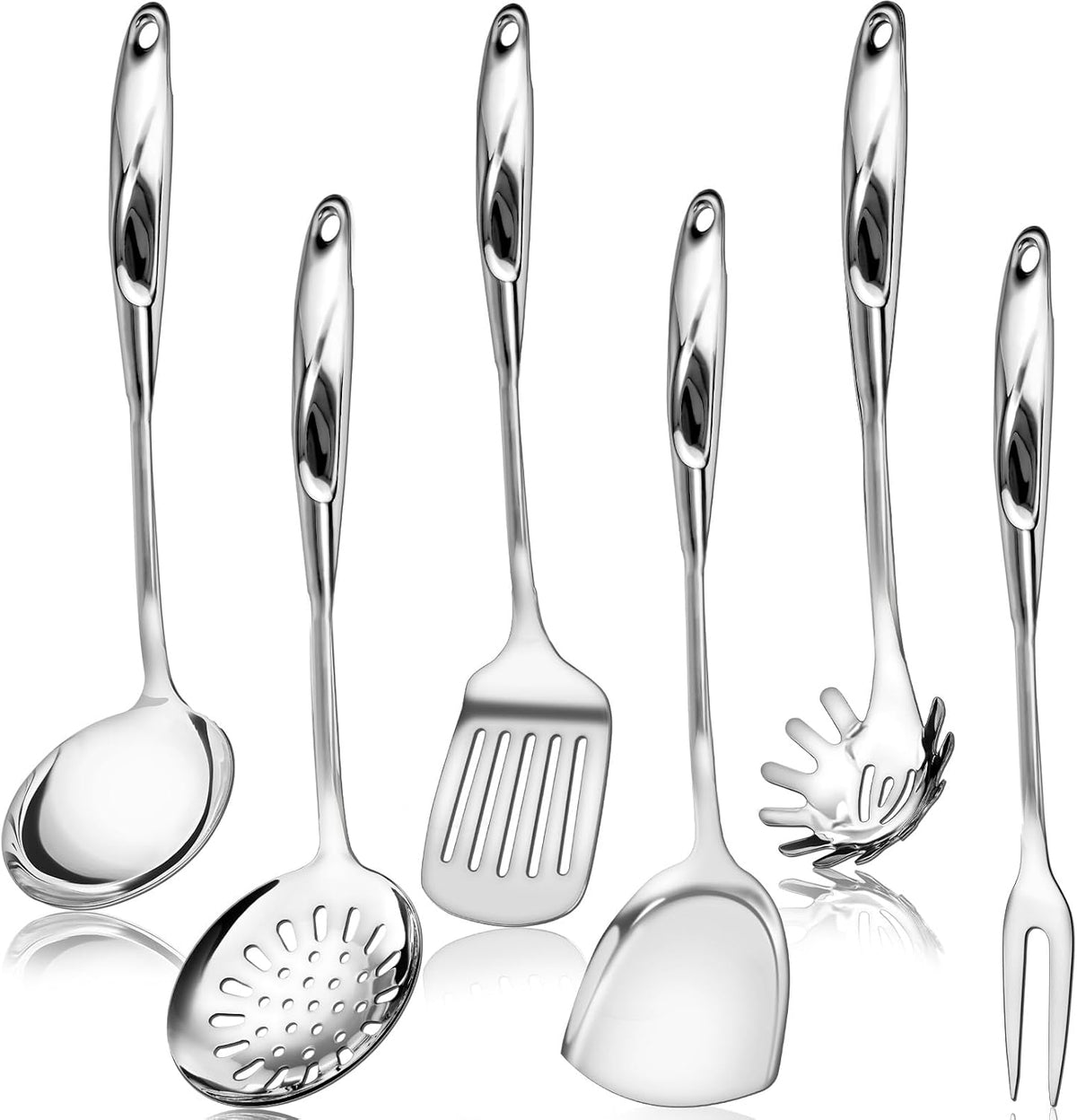 Stainless Steel Cooking Utensils Set - 6 Piece Kitchen Utensils Set, One Piece Seamless Handle Stainless Steel Utensils with Hanging Hole, Dishwasher Safe
