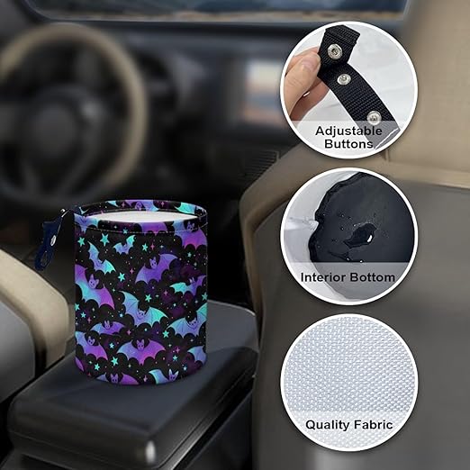 Colorful Bat Print Car Garbage Can Small Trash Can with Leak Proof Inside Liner and Hanging Strap Car Organizer Portable Vehicle Essentials