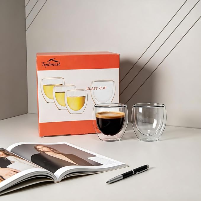 Double Walled Espresso Cups Set of 4, 5oz Clear Expresso Mugs, Small Insulated Espresso glasses for Coffee Machines