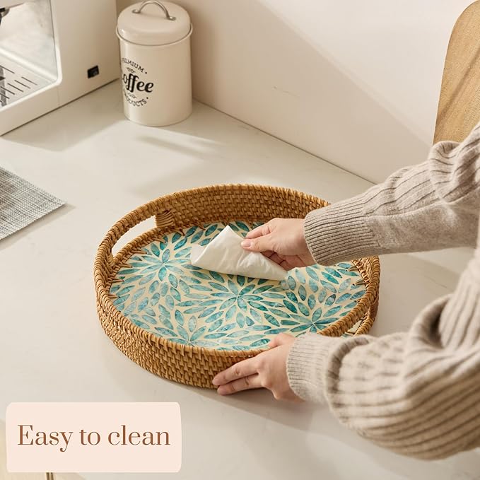 YANGQIHOME Round Rattan Tray with Handle, Mother of Pearl Inlay Decorative Wicker Basket for Coffee, Bread, Fruits, Serving Tray for Home Decor, Blue Flower