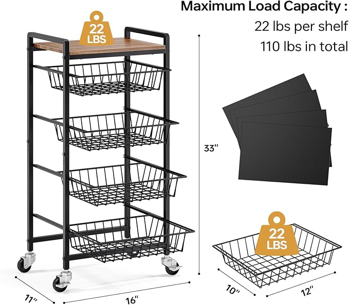 TOOLF 5-Tier Kitchen Storage Cart with Tabletop, Rolling Snack Cart with Lockable Wheels, Fruit Vegetable Basket with 4 Pack Mats, Metal Storage Rack with Pull-Out Pantry Trolley for Organizer