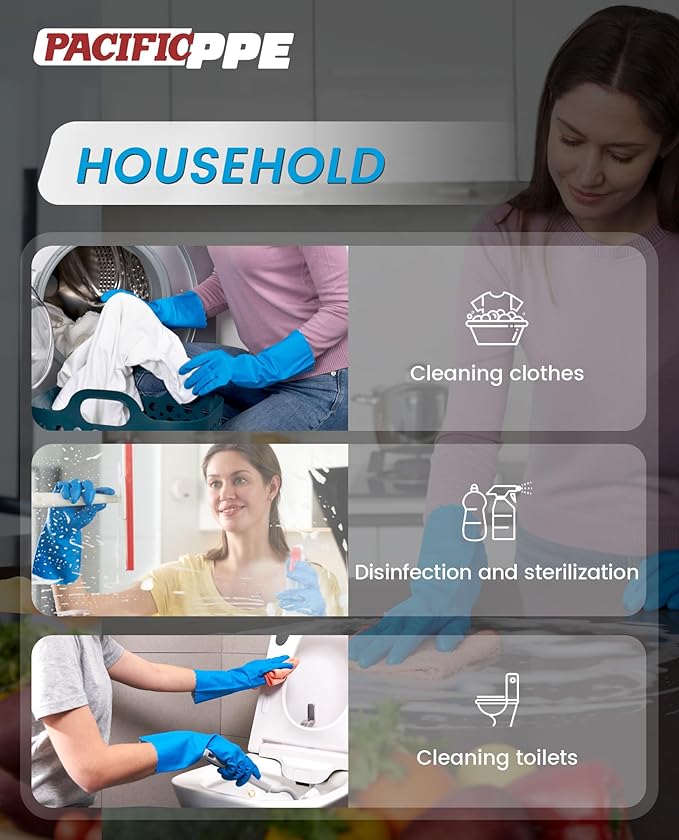 PACIFIC PPE 2 Pairs Reusable Dishwashing Cleaning Gloves with Latex Free, Cotton Lining, Kitchen Gloves, Blue, Small