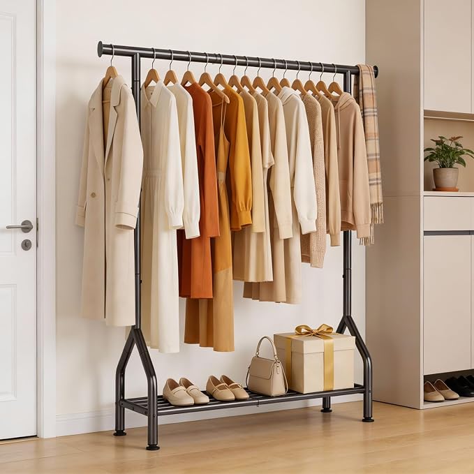 EAGMAK Sturdy Clothing Racks with Shelf, Metal Clothes Rack with Leveling Feet for Hanging Clothes, Freestanding Garment Coat Rack for Bedroom, Apartment & Small Spaces, Black