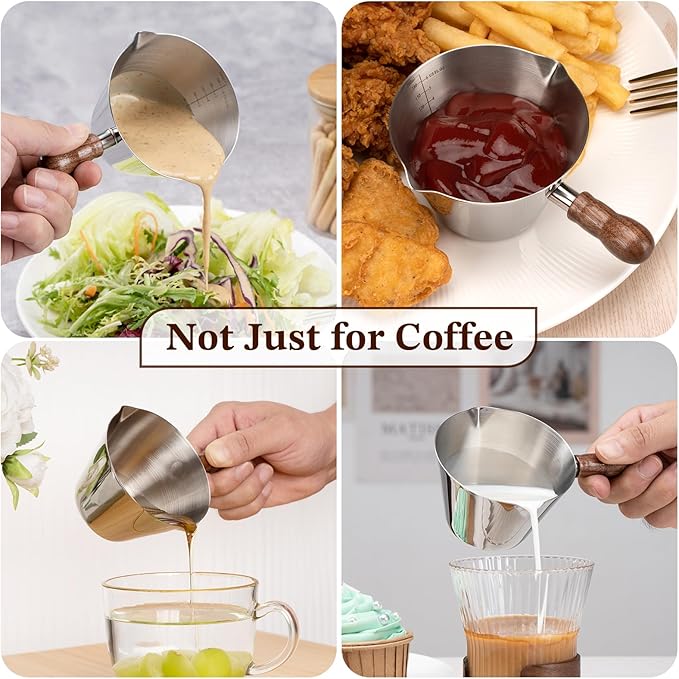 Espresso Cup, 6.8 oz/200 ml Stainless Steel Coffee Shot Measuring Cup with Wood Handle, Double V-Shaped Mouth and Clear Scale for Cappuccino Barista Coffee Bar Accessories, Silver