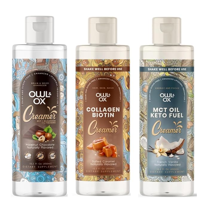 Owl & Ox Creamer Variety Pack - Mushroom, Collagen, MCT Bundle | Chocolate Hazelnut, Salted Caramel and Vanilla Flavors | 3 x Bottles