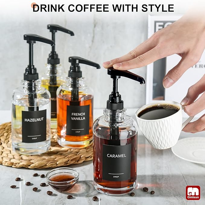 Coffee Bar Accessories, Syrup Dispenser With 1/4oz Large Capacity Pump - Glass Pump Dispenser for Station, Organizer, 4 Pack