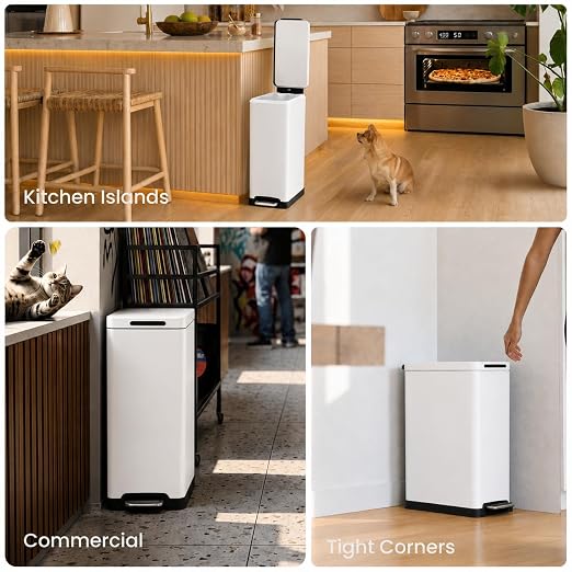 Home Zone Living 12 Gallon Slim Kitchen Trash Can with Soft Close Lid, Step Pedal, Bag Tuck Band, and Removable Liner, Stainless Steel, Matte White