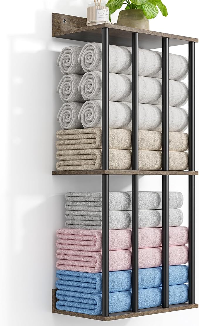 Towel Racks for Bathroom Wall Mounted, Updated 4 Bar Wall Towel Holder | Large Bathroom Towel Storage Rack for Rolled Towels, Modern Metal Towel Organizer Shelf with Wooden Storage Shelf