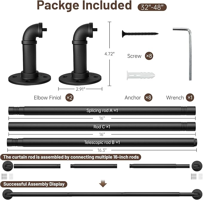 Zeerobee Curtain Rods for Windows 32 to 48, 1 Inch Industrial Wrap Around Black Curtain Rod, Indoor/Outdoor Room Divider Adjustable Drapery Pole, 32"-48"