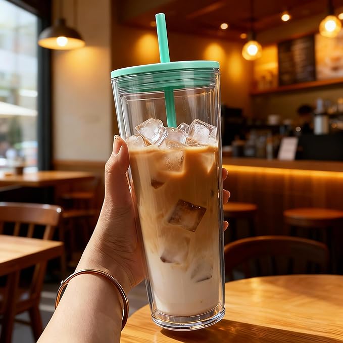 24oz Tumbler with Lid and Straw, Leak Proof and Double Wall Insulated Reusable Plastic Cups,Travel Reusable Iced Coffee Cup (1, Cyan)