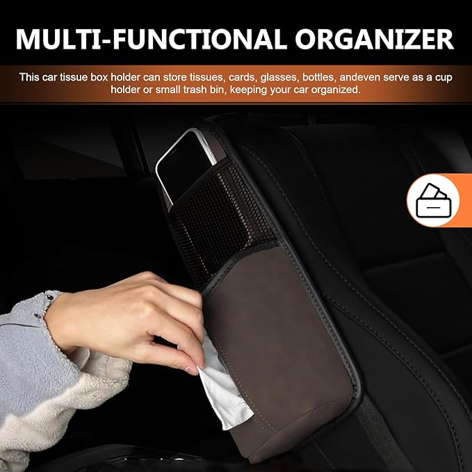 Car Tissue Holder, Leather Seat Side Strap-On Organizer Box with Mesh Net, Multifunctional Hanging Card Cup Holder Storage Bag, Universal for Most Cars (Coffee)