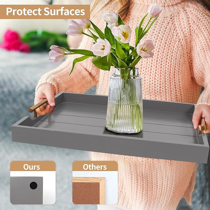Wooden Serving Tray with 2 Sets of Handles,Large Ottoman Tray for Living Room, Rectangular Wood Tray for Coffee Table, Modern Farmhouse Kitchen Decor, 4 Round Coasters Included,Gray