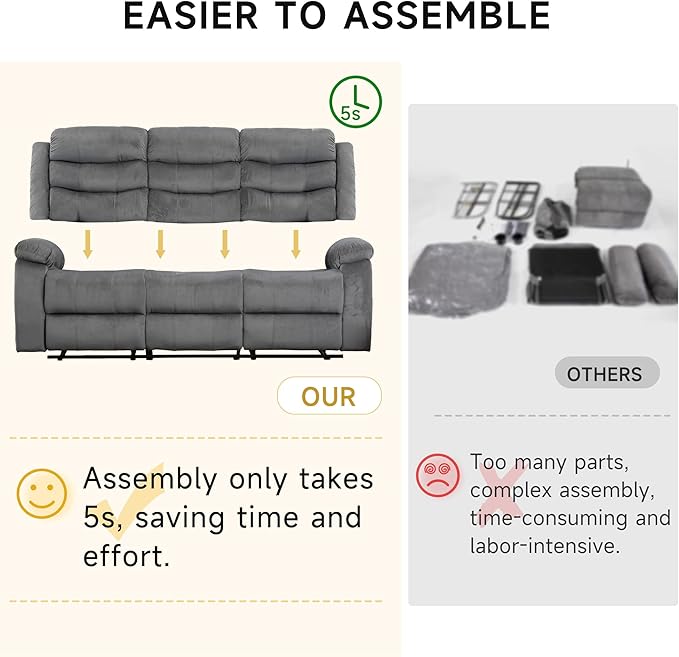 Reclining Sofa Set 3 Seater Couch Recliner, Velvet Wall Hugger Recliner Sofas for Living Room, RV, Home Theater Seating(Grey, 3 Seater Sofa)