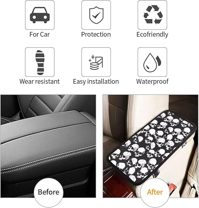 Car Center Console Cover Skull Gothic Goth Polyester Armrest Cushion Pad Protector Black White Auto Interior Accessories Arm Rest Covers