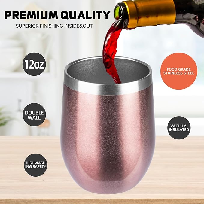 StarSpeed 12oz/8 Pack Wine Tumbler with lid, Stainless Steel Travel Mugs Stemless Double Wall Insulated Coffee Cup, Insulated Wine Glasses Travel Tumbler for Cold & Hot Drinks(Rose Gold, 8)