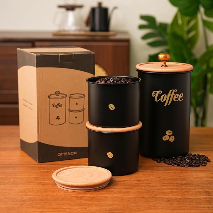 Coffee Canister, 3 pack Large Airtight Coffee Bean Storage Container, Café Grounds Container, Cafe Jar Cafe Holder, Food Storage Container for Flour, Sugar, Tea (Black)