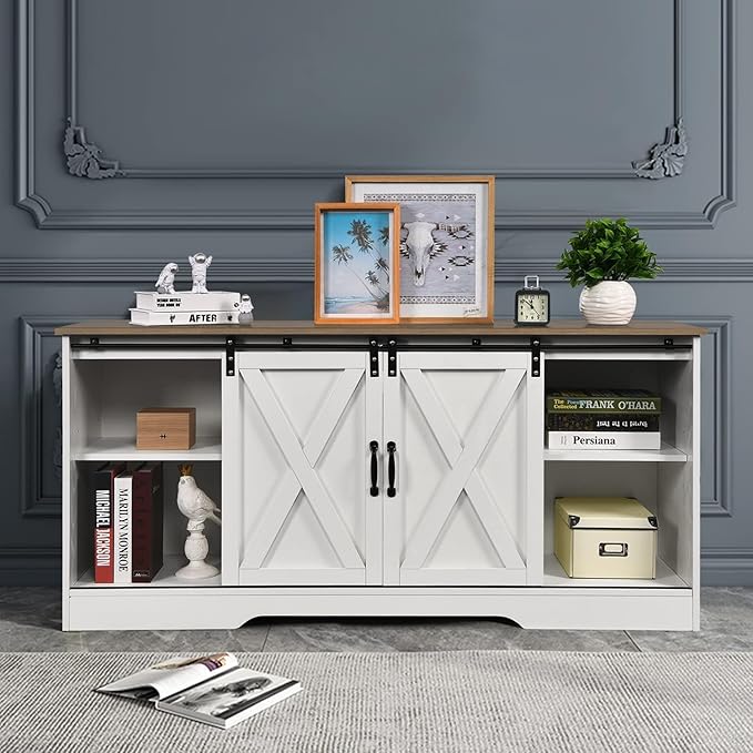 4 EVER WINNER Farmhouse Coffee Bar Cabinet, 59" Buffet Cabinet with Storage & Sliding Barn Doors, Kitchen Storage Cabinet, Coffee Station, Living Dining Room, White