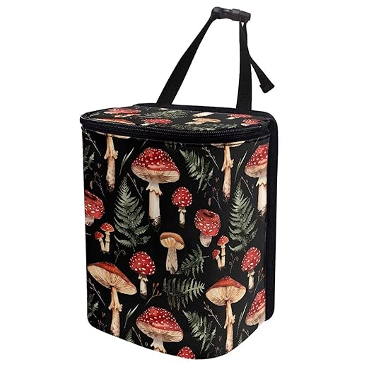 Car Accessories Back Seat Multipurpose Car Trash Can with Lid, Leak Proof Waterproof Hanging Car Garbage Can for Road Trip Travel, Mushroom Print