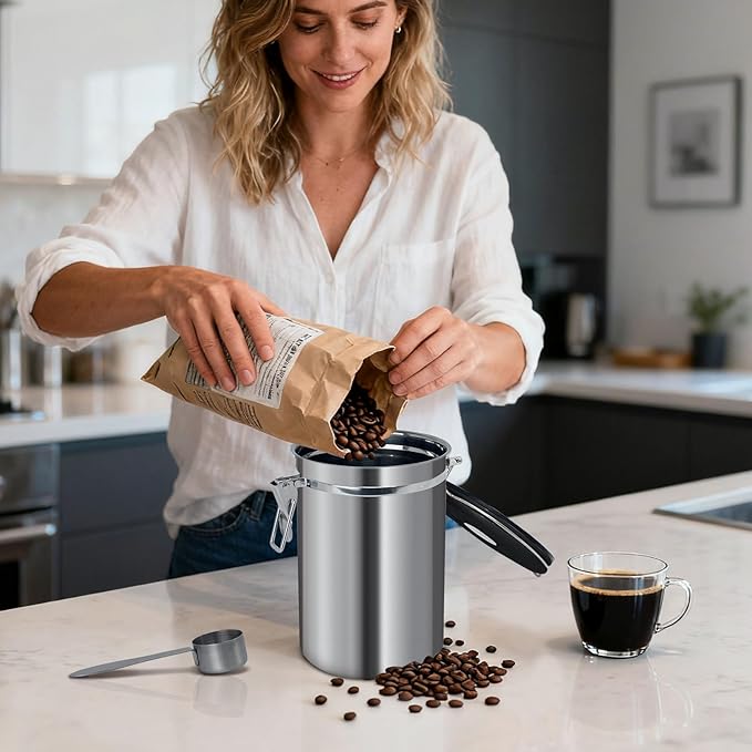 1.8L Airtight Vacuum Coffee Canister, Stainless Steel Storage Container for Coffee Beans and Grounds with Scoop.Suitable for coffee powder, coffee beans, rice, tea leaves, sugar, flour, and grains