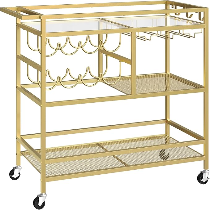 Bar Cart for Home, 3-Tier Serving Cart with Wheels and Handle, Beverage Cart with Wine Rack and Glass Holders, Rolling Wine Cart for Kitchen, Dining Room, Gold RCGD81B01