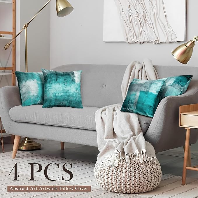 Teal and Gray Throw Pillow Covers,Set of 4 16X16 Inch Turquoise Modern Abstract Art Artwork Decorative Pillow Cushion Covers for Couch Bedroom Living Room