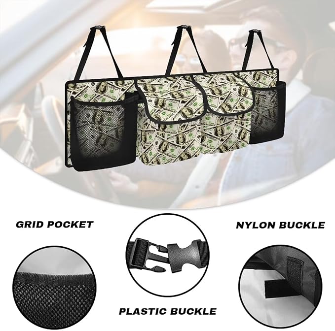 Car Trunk Organizer, US Dollar Bill Large Auto Backseat Hanging Organizer, Thick Backseat Storage Bag with Pockets, Car Trunk Tidy Storage Bag with Lids Decoration