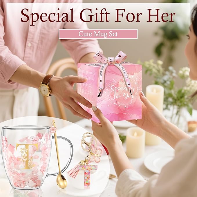Personalized Gift for Women Flower Glass Coffee Mug Initial Tea cup Monogrammed Customized Bridesmaid Bride Wedding Gifts Graduation Gifts Valentine Mother's Day Birthday Christmas Gift (T)