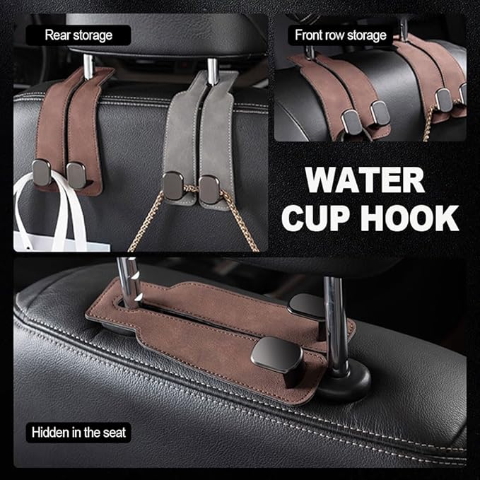 2026 New 2 in 1 Car Seat Back Storage Hook, Car Backseat Organizer Accessories, Premium Leather Headrest Hook for Auto Hooks Organizer for Handbag Purse Coat Bags (1, Grey)