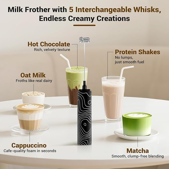 Milk Frother Handheld Rechargeable - 2-Speed Electric Whisk with 5 Detachable Heads (Frother/Mixer/Whisk) for Coffee, Latte, Cappuccino & Matcha, Drink Mixer (Flower 18)