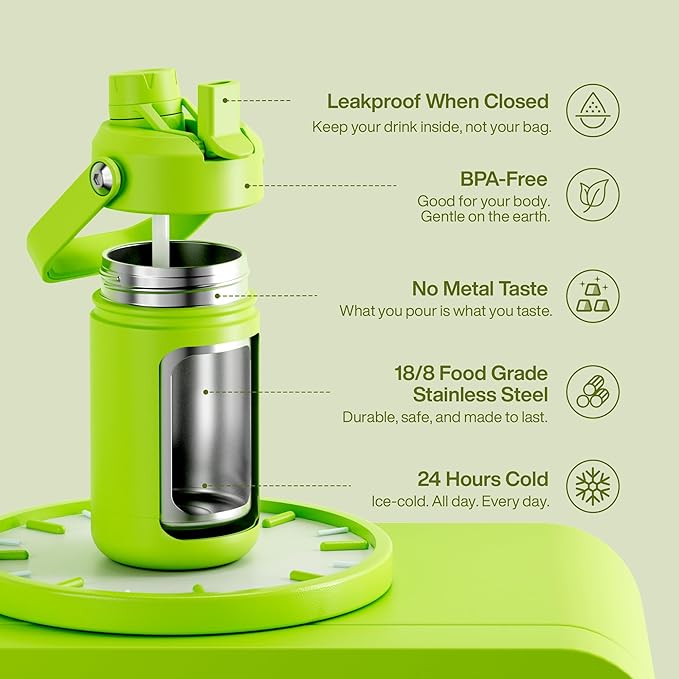 Kids Insulated Water Bottle with Straw - 12oz Stainless Steel Water Bottle with Dual Spouts, Leak-Proof, BPA-Free, Double Wall Vacuum Keeps Cold for 24 Hours for Sports, Travel, School (Sharp Green)