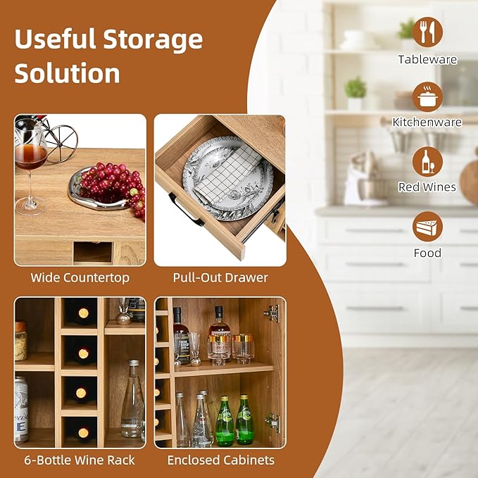 Buffet Cabinet with Storage, Liquor Cabinet w/ 6-Bottle Wine Rack, 1 Drawer & 2 Doors, Wood Buffets & Sideboards, Farmhouse Coffee Bar Table for Kitchen, Dining Living Room, Entryway (Natural)