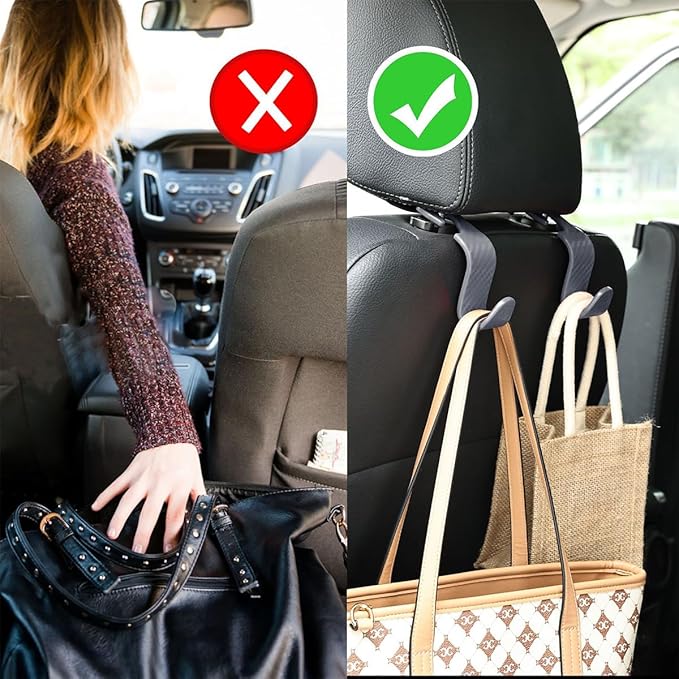 Car Back Seat Headrest Hooks, 4PCS Vehicle Backseat Storage Organizer Hanger, Multifunctional Auto Headrest Hidden Hook Universal for Handbag Purse Backpacks Bags(Carbon Fiber Grey)