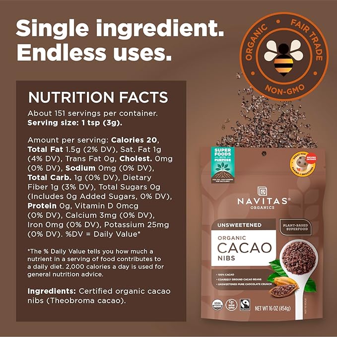 Navitas Organics Cacao Nibs – Unsweetened Dark Chocolate Crunch – Antioxidants, Minerals, Fiber – For Trail Mix, Baking & More – USDA Organic, Fairtrade, Non GMO, Gluten Free, Non-alkalized (16oz. Bag 151 Servings)