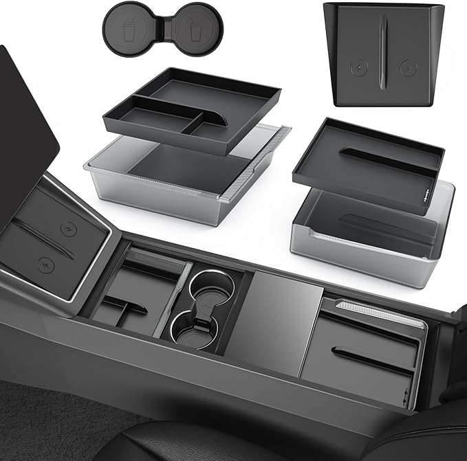 Center Console Organizer for Tesla Model Y Juniper Accessories 2026 2025 & Tesla Model 3 Highland Accessories [Durable PC + Silent Silicone Liner] Armrest Storage Tray Wireless Charging Pad Cup Holder