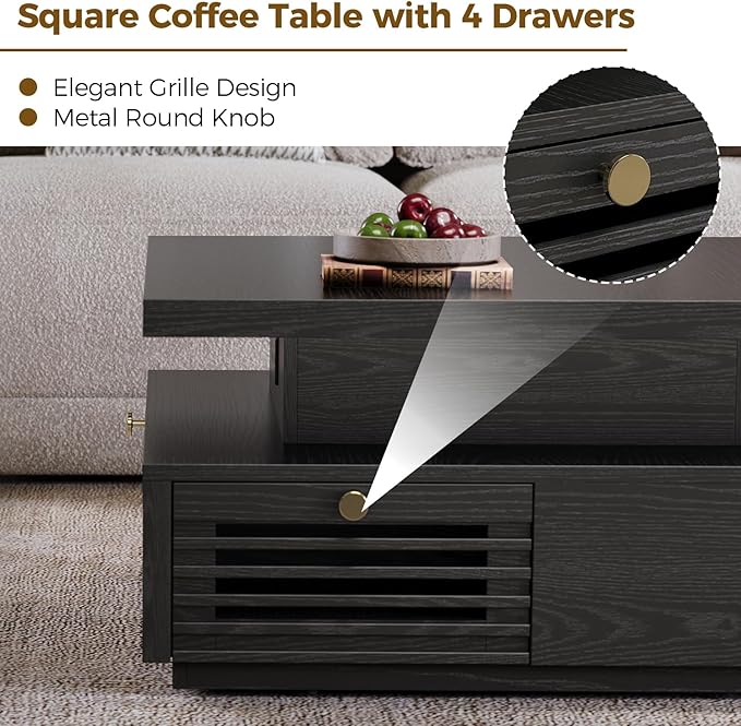 IRONCK Coffee Table with LED Light and Charging Station, 4 Storage Drawers with Grille Design, Square Coffee Table for Living Room Office Reception Room (Black)