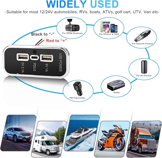 3 Ports 12V RV USB Outlet 45.5W, Gibbab PD3.0 Type-C Quick Charge & Dual USB A Port 3.1A Panel Wall Mount, Automotive Car Socket Charger Adapter for RV Marine Boat Bus ATV Motorcycle Truck