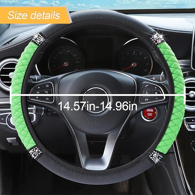 LoyaForba Bling Soft Leather Steering Wheel Cover, 15 Inch Colorful Rhinestones Auto Elastic Steering Wheel Protector, Sparkly Crystal Diamond for Women Girls, Car Accessories for Most Cars (Green)