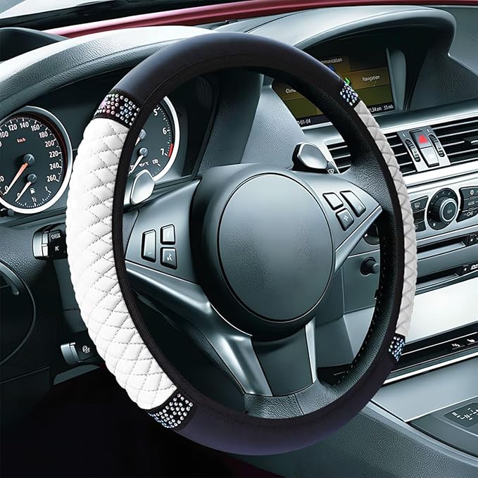 Bling Soft Leather Steering Wheel Cover, 15" Anti-Slip Sparkly Crystal Auto Elastic Steering Wheel Protector for Women Girl, Colorful Diamond Car Interior Accessory for Most Cars (White)